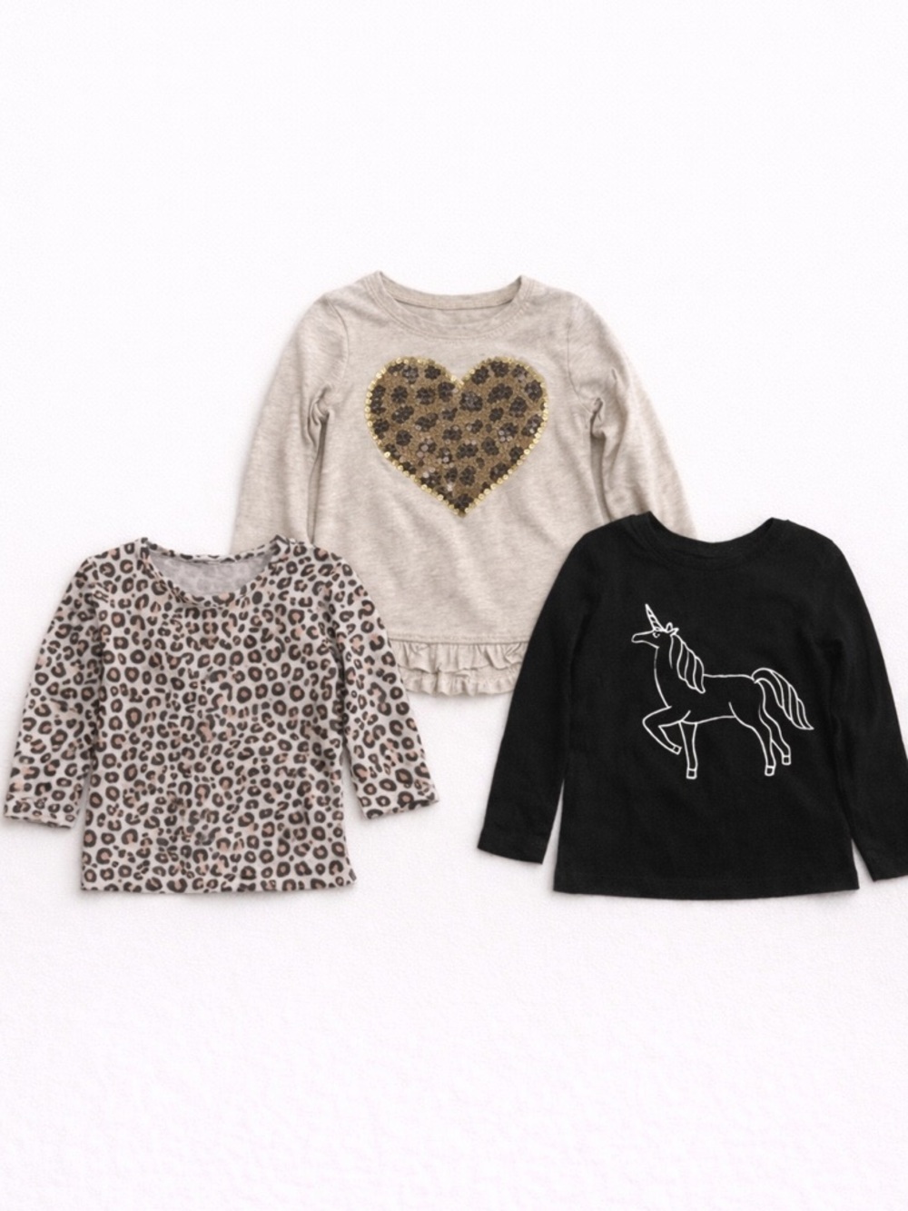 Girls Toddler 3T Long Sleeve Top Bundle Leopard Heart Unicorn Print Set of 3
